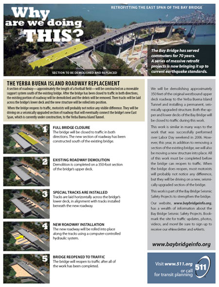 Page 2 of fact sheet with the headline "Why are we doing this? The Yerba Buena Island Roadway Replacement"