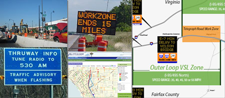 Photo collage of concrete barriers in a work zone, a Work Zone Ends changeable message sign, a traffic advisory sign with warning beacons, a Seattle Web site page showing construction projects, and a map showing VSL sign locations.