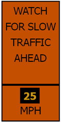 Graphic of an orange message sign displaying Watch for Slow Traffic Ahead, 25 MPH.