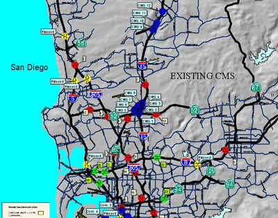Map of the San Diego area showing planned and numbered CMS locations along routes 5, 805, 15, 52, 162, 8, 125, and 94