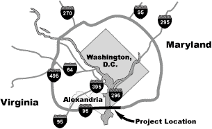 Map of I-95 and I-495 showing the location of the project on I-95 and I-295 near Alexandria, Virginia