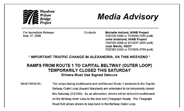Sample news release stating that ramps in Alexandria, Virginia, are temporarily closed, requiring the use of detours