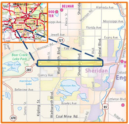 A road map shows a highlighted section of highway; an inset map provides the reference point for the highlighted section within a city.
