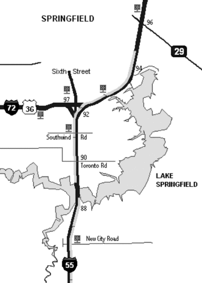 Figure 4 shows a screen capture of the project area congestion map from the project Web page. The image shows I-55 in the construction zone. Small, square icons representing selected DMSs are also shown in this image. The Output subsection of the System Input and Output to the Public section of the full document contains additional information.
