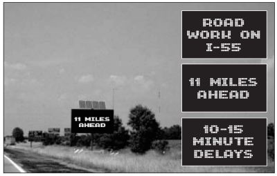 Figure 5 shows a photo of a portable DMS displaying the message "11 Miles Ahead," which is part of a three-phase message. The DMS is located next to I-55 at a location upstream from the construction zone. Three message panels comprising the entire message: "Roadwork on I-55," "11 Miles Ahead," and "10-15 Minute Delays," are arranged vertically along the right inside edge of the photo.
