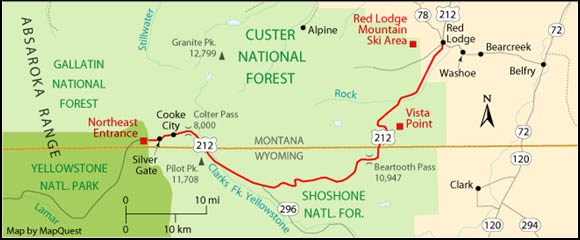 Map of Beartooth Highway in Montana and Wyoming, showing the highway running from the northeast entrance of Yellowstone National Park in Montana, through Shoshone National Forest in Wyoming and Custer National Forest in Montana and ending in Red Lodge, Montana