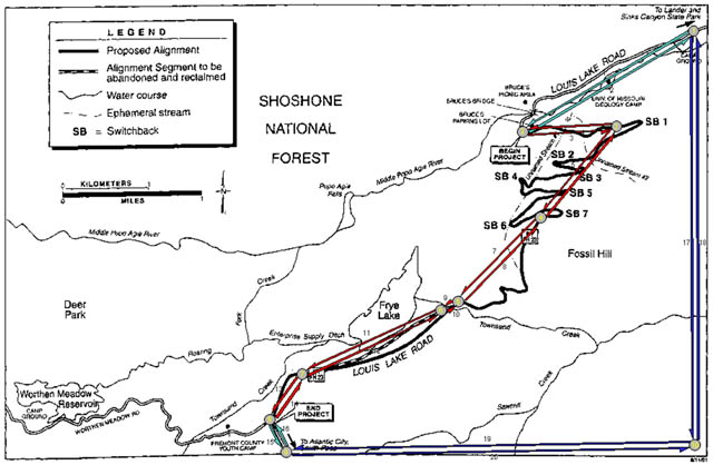 Map showing the QuickZone network for Louis Lake Road, marking proposed alignments and segments to be abandoned along the southwest to northeast route