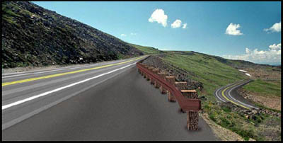 Photo of the proposed Beartooth Highway, showing a wider roadway with lane markings, guard rails, and shoulders