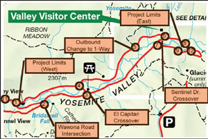 Map of affect section of road in Yosemite National park.