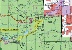 Map of area affect around Louis Lake Road in Fremont County, Wyoming.
