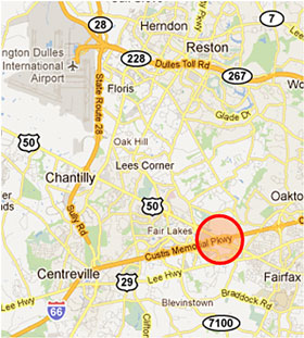 Map showing the location of a concrete pavement rehabilitation site on I-66 near U.S. 50 in Fairfax County, Virginia.