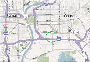 Map showing the location of improvements to the 24th Street and I-29/I-80 interchange in Council Bluffs, Iowa.