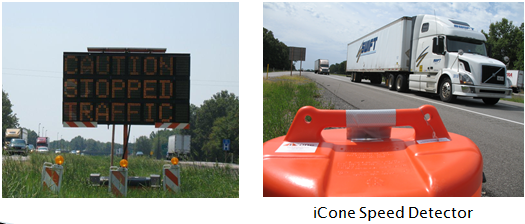 Two photos, one of a radar speed trailer and the other of a trailer-mounted camera.