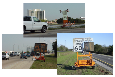 Collage of photos depicting speed limit enforcement signs.