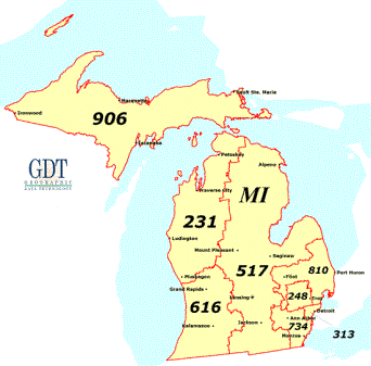 Map of Michigan displaying telephone dialing area codes.