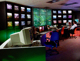 Photograph of the control room of the Michigan Intelligent TRansportation Systems Center