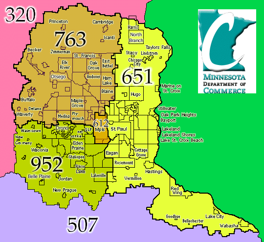 Map showing the telephone area dialing codes in the Twin Cities' area of Minnesota