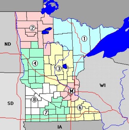 Map showing the 8 districts of the Minnesota Department of Transportation