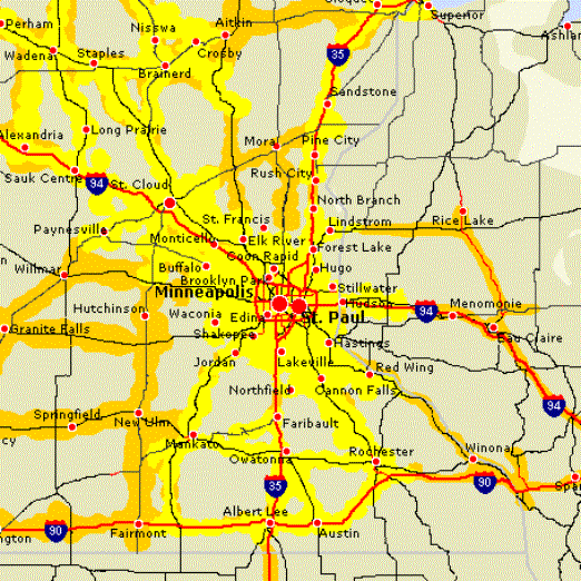 Map showing the coverage area of Sprint PCS telecommunications of Minnesota