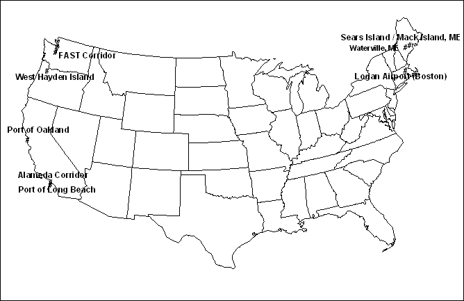 Map of continental U.S. showing locations of selected intermodal projects at FAST Corridor, Washington; West Hayden Island, Oregon; Port of Oakland, Alameda Corridor, and Port of Long Beach, California; Sears Island/Mack Island and Waterville, Maine; and Logan Airport (Boston), Massachusetts.