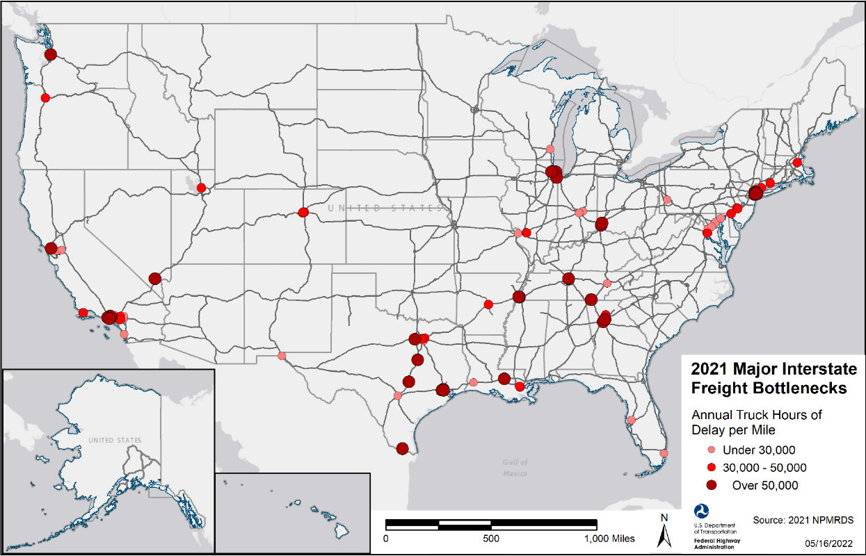 Map showing the location of the 2021 top 100 major Interstate freight bottlenecks ranked by Truck Hours of Delay per Mile as listed in table 1