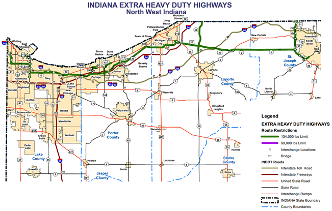 Road map of Indiana with extra heavy duty highway color coded to indicate weight restrictions as well as road type, including interstate toll roads, freeways, US roads, State roads, and interchanges as well as State and county bundaries.
