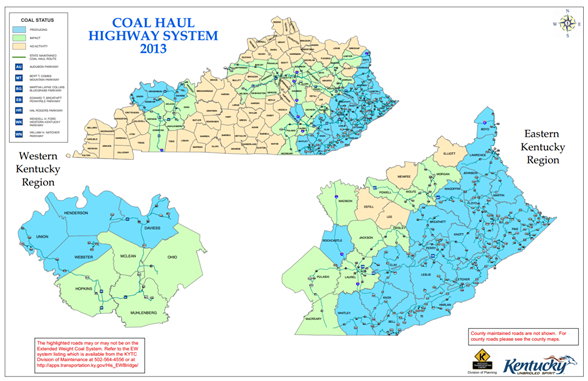 Map of Kentucky as well as blow up maps of eastern Kentucky and western Kentucky  featuring the extended weight coal haul road system, which consists of State-maintained toll roads or State-maintained roads that were previously toll roads and the public highways over which quantities of coal or coal by-products in excess of 50,000 tons are transported.