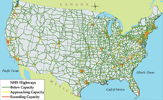 Figure 9. National Highway System Estimated Peak Period Congestion: 1998. Image of a map of the U.S. National Highway System. In 1998, most of the nation's highway sections that approached or exceeded capacity occured in urban areas. Most traffic on rural roads did not exceed designed capacity, although some rural segments, primarily those that link major urban areas, did experience congestion and corresponding loss in service.