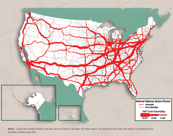 Figure 3-10. U.S. map showing National Highway System Routes with truck volume per day forecast for year 2040. Note: Long-haul freight trucks typically serve locations at least 50 miles apart, excluding trucks that are used in movements by multiple modes and mail.
