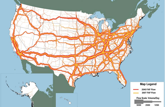Figure 1. A map of the US is presented showing National Highway System roadways with freight flow volumes carried as estimated by FHWA's Freight Analysis Framework in 2007 and forecast for 2040 depicted using "band widths".