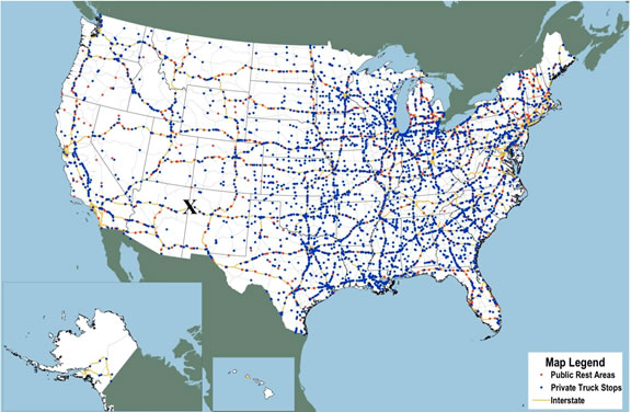 Figure 2. A map of the roadways on the US National Highway System is shown depicting locations of public rest areas on those roadways.