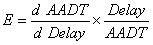 the following expression should read: E equals the ratio of d A A D T divided by d Delay. This ratio is multiplied by the ratio of Delay divided by A A D T