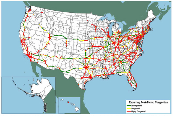 U.S. map showing congestion throughout California and I-5 to Washington and I-15to Utah, Arizona, I-40 in New Mexico, eastern Texas, and most of the East except central Illinois, southern Georgia, and northern Maine.