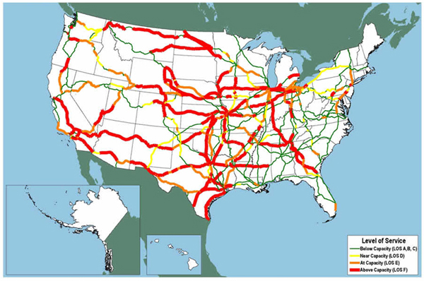 U.S. map showing congestion throughout California, northern Oregon, the Puget Sound area, Montana, the Great Plains, the Midwest, northern Mississippi and northern Alabama, central Tennessee and central Georgia, and the Miami area, the route from Richmond to New York City and on to Albany, and southeastern Pennsylvania.