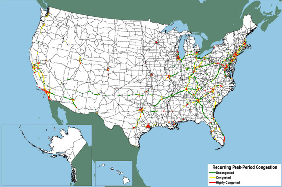 Figure 3-10. U.S. map showing heavy congestion in the largest cities and moderate congestion on intercity routes in California.