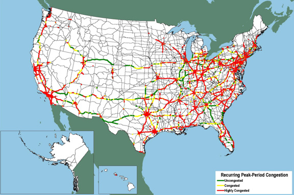 Figure 3-11. U.S. map showing congestion throughout California and I-5 to Washington and I-15 to Utah, Arizona, I-40 in New Mexico, eastern Texas, and most of the East except central Illinois, southern Georgia, and northern Maine.