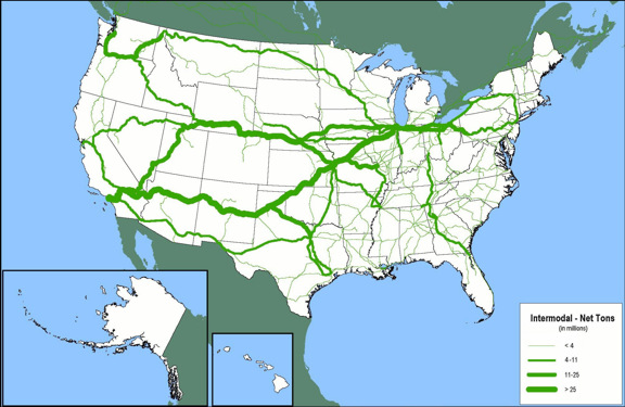 Figure 3-14. U.S. map showing major flows of tons by trailer-on-flatcar and container-on-flatcar rail intermodal service from southern California to the Chicago one one route via Albuquerque and another route via Salt Lake City, with smaller flows from Seattle to Portland to Salt Lake City, from Seattle to Portland to Chicago, from Chicago to New York City via Albany, fron Chicago to New York City via central Pennsylvania, and from Georgia to Florida.
