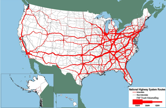 Figure 3-4. U.S. map showing major concentrations of trucking in central California; along the I-40, I-81, and I-84 corridors between Los Angels and New York; and the I-95 corridor in the Northeast.