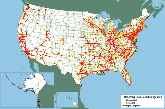Figure 3-9. U.S. map showing congestion throughout California and in much of Oregon, Washington, Utah, and Arizona, most of Texas, and most of the East except central Illinois, southern Georgia, and northern Maine.