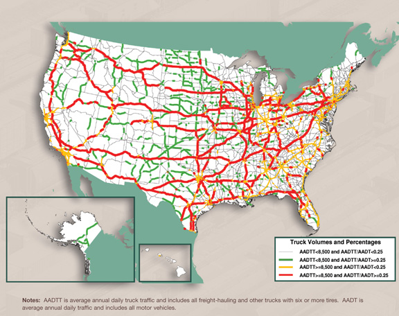Figure 3-8. U.S. map showing truck volumes and percentages forecast for year 2040. Note: AADTT is average annual daily truck traffic and includes freight-hauling and other trucks with six or more tires. AADT is average annual daily traffic, and includes all motor vehicles.
