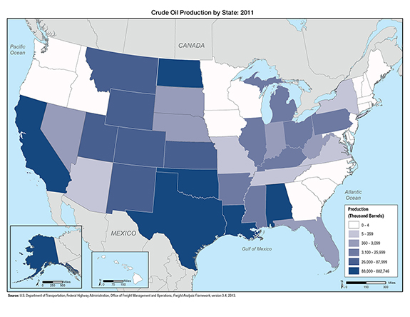 Figure 3-6. U.S. map showing that Texas, North Dakota, Alaska, and California are responsible for the bulk of domestic crude oil production.