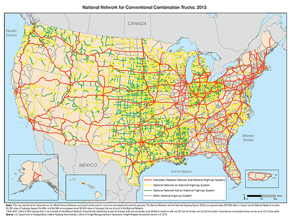 Figure 3-10. Based on Title 23 CFR Part 658 Appendix A, this map illustrates the National Network for Conventional Combination Trucks and highlights differences between the National Network and the National Highway System . This map shall not be interpreted as the official National Network nor shall it be used for truck size and weight enforcement purposes.