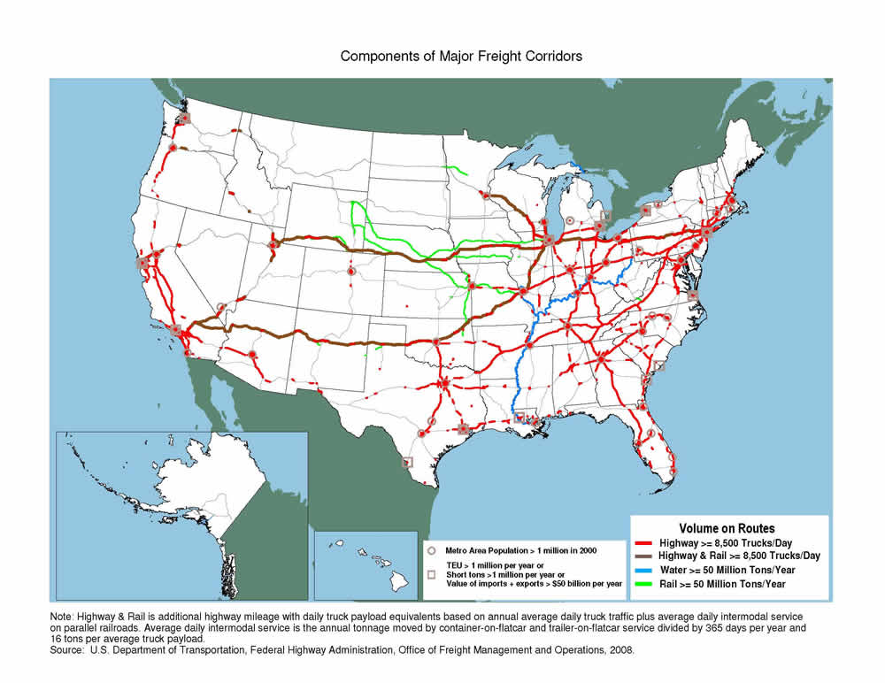 U.S. map showing major highway corridors throughout California, I-5 in Oregon and Washington, the highways radiating from Dallas, east-west highways in Arkansas and Tennessee, north-south highways from the Great Lakes to Florida, I-81 from Tennessee to Pennsylvania, I-70 and I-87 from Saint Louis to new York, and I-95 from Richmond to Boston; rail plus highway routes from Los Angeles to Chicago, Los Angeles to Salt Lake City, and Salt Lake City to New York City; rail routes from Wyoming to Iowa, Missouri, and Oklahoma; and water routes on the Mississippi River from Saint Louis to New Orleans and the Ohio River.