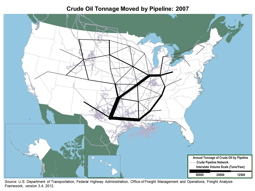 U.S. map showing Annual Tonnage of Crude Oil by Pipelinelow.
