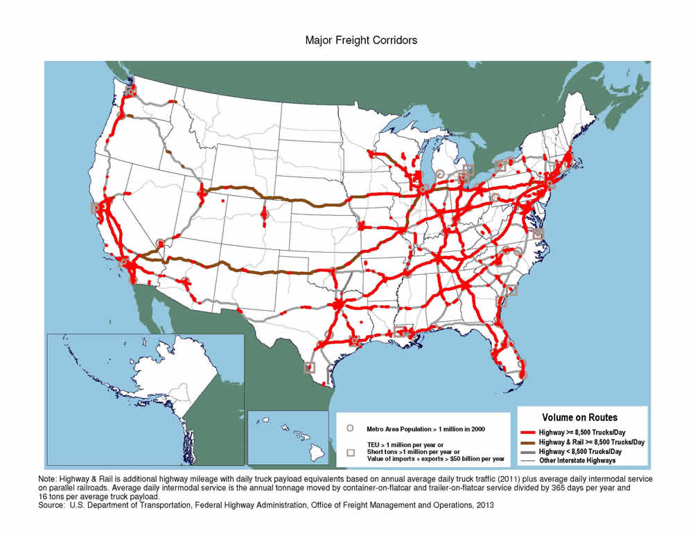 U.S. map showing corridors along the routes listed on the components of corridors map, reaching all portions of the country except Montana, northwestern Wyoming, eastern Nevada, southern Colorado, Vermont, northern Maine, North Dakota and South Dakota.