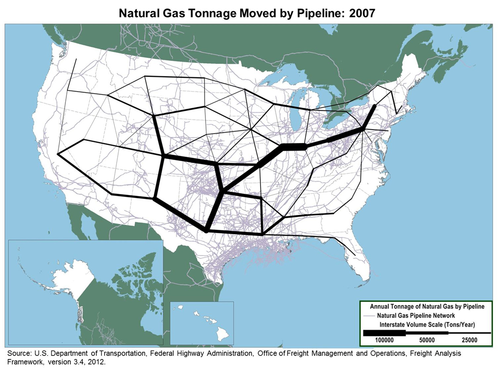 U.S. map showing Annual Tonnage of Natural Gas by Pipeline.