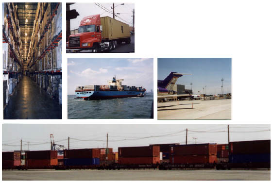 Collage of views of warehouse shelves, a tractor-trailer, a cargo ship, an airport, and train freight cars