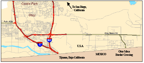 An area map of the Otay Mesa Border Crossing between California in the United States and Tijuana in Mexico.