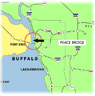 Area map of the Peace Bridge crossing connecting New York state and Ontario, Canada.