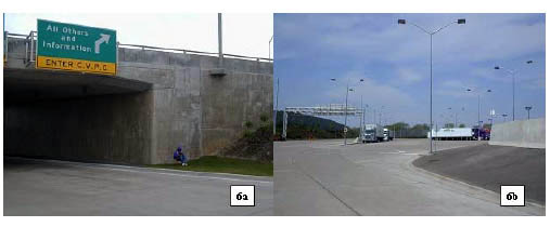 Two photos of the Canadian IB-1 collection location. Photo 6a shows the data collector and a sign directing traffic to enter the Canadian Vehicle Processing Centre. Photo 6b shows a head-on view of trucks on the Canadian Duty Free Shop.